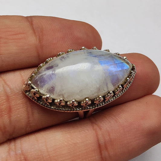 925 SOLID STERLING SILVER NATURAL RAINBOW MOONSTONE GEMSTONES HANDMADE RING, ALL SIZES AVAILABLE