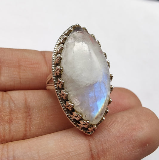 925 SOLID STERLING SILVER NATURAL RAINBOW MOONSTONE GEMSTONES HANDMADE RING, ALL SIZES AVAILABLE