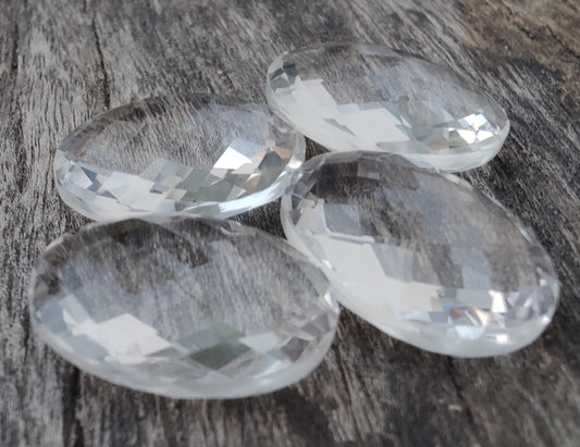 AAA+ Quality Natural Crystal Quartz Oval Shape Briolette Checker Cut Flat Back Calibrated Wholesale Gemstones, All Sizes Available
