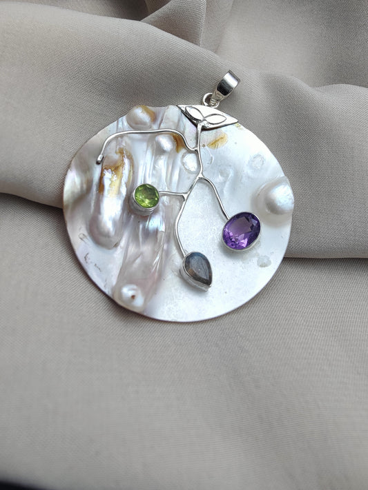 925 SOLID STERLING SILVER NATURAL PEARL WITH MULTI GEMSTONES HANDMADE PENDANT