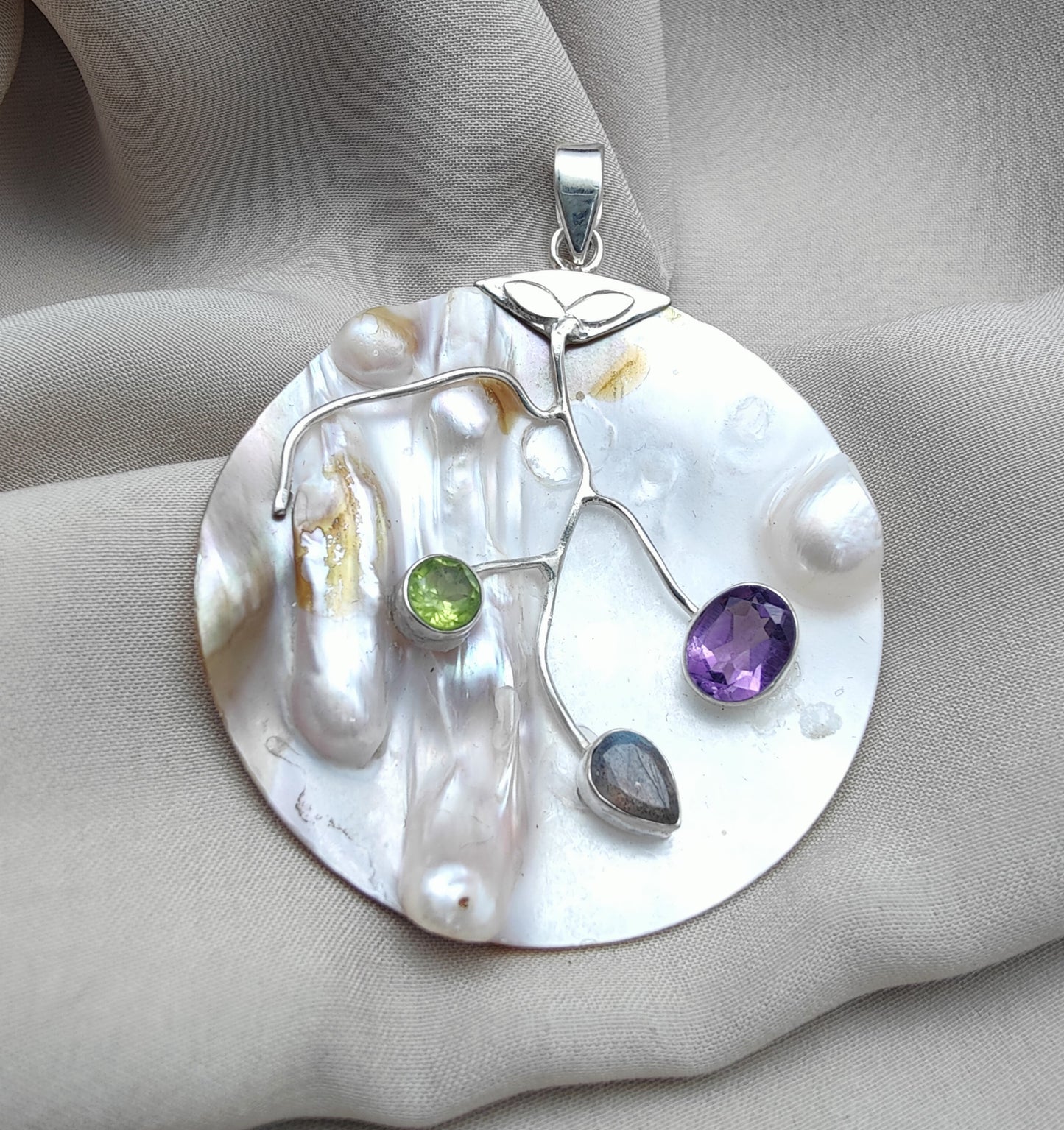 925 SOLID STERLING SILVER NATURAL PEARL WITH MULTI GEMSTONES HANDMADE PENDANT