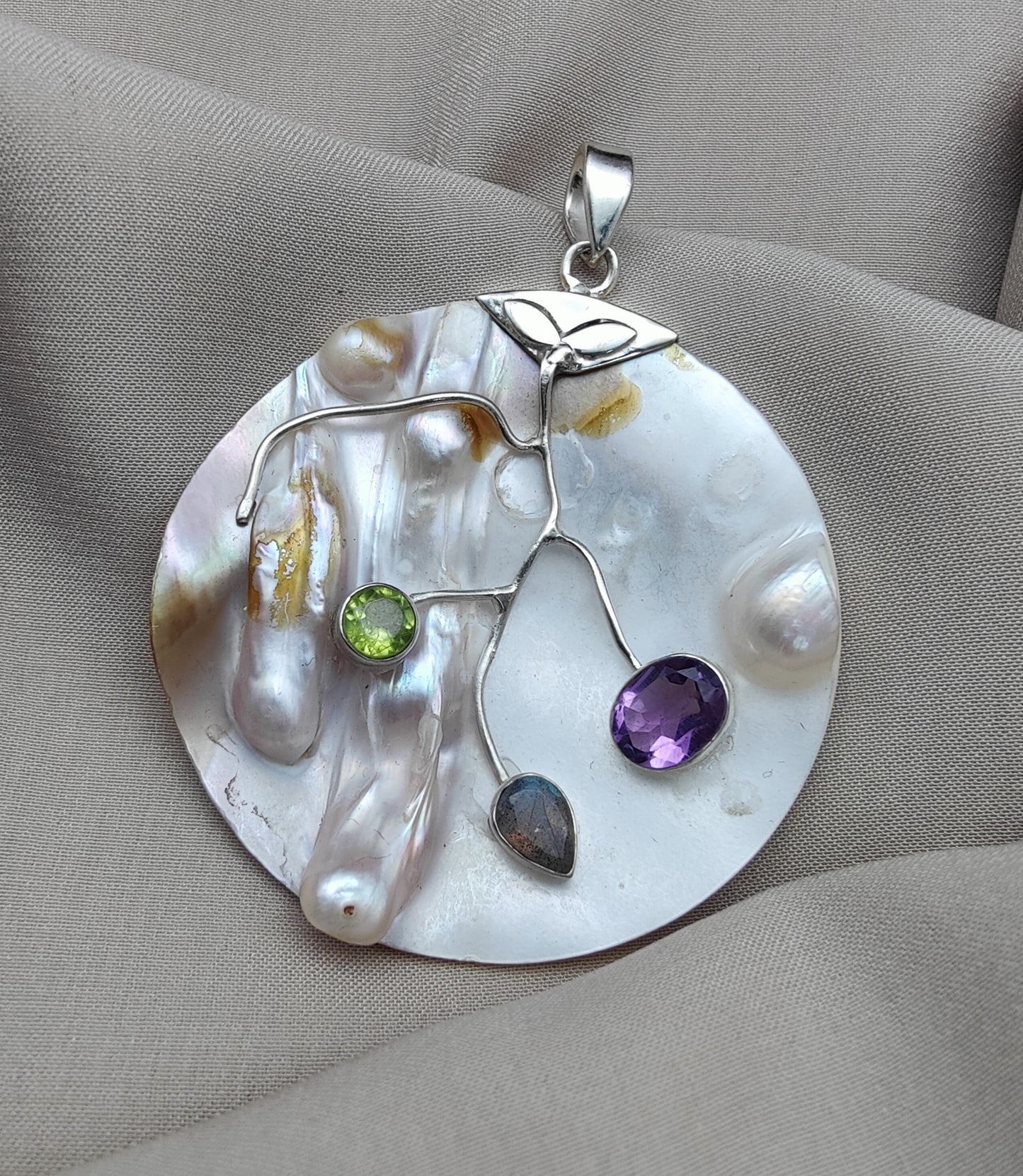 925 SOLID STERLING SILVER NATURAL PEARL WITH MULTI GEMSTONES HANDMADE PENDANT