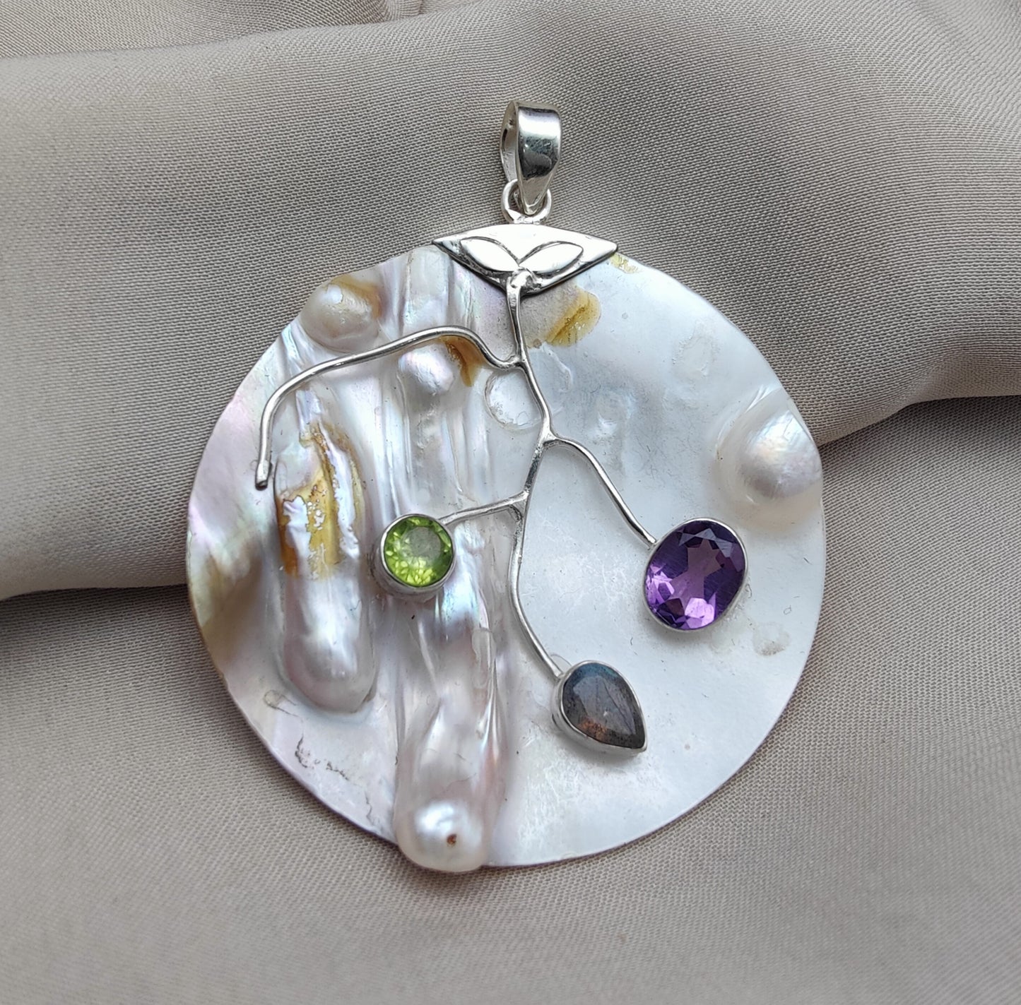 925 SOLID STERLING SILVER NATURAL PEARL WITH MULTI GEMSTONES HANDMADE PENDANT