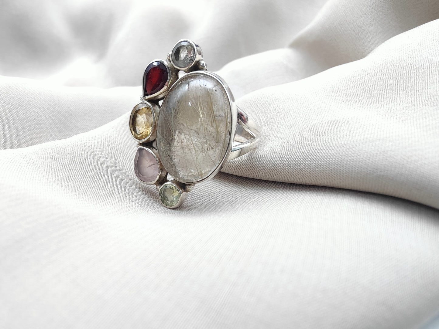 925 SOLID STERLING SILVER NATURAL MULTI GEMSTONES HANDMADE RING, ALL SIZES AVAILABLE