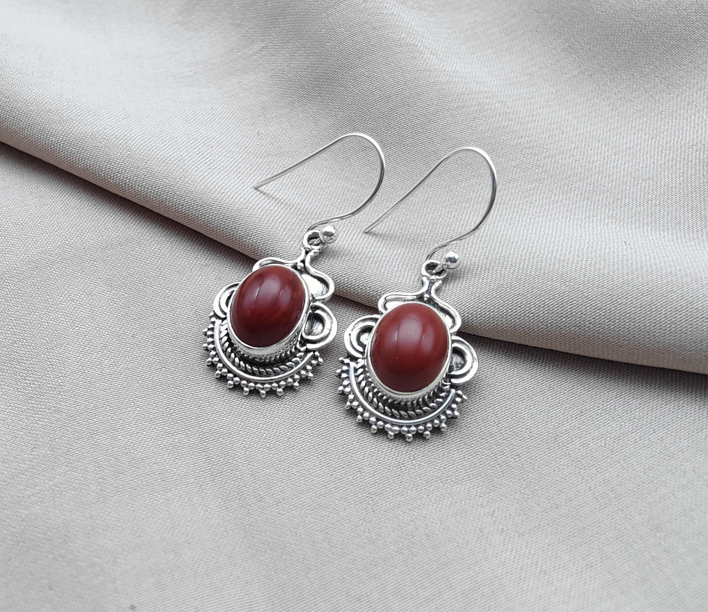 925 SOLID STERLING SILVER NATURAL RED JASPER GEMSTONE DANGLING EARRINGS GIFT FOR HER