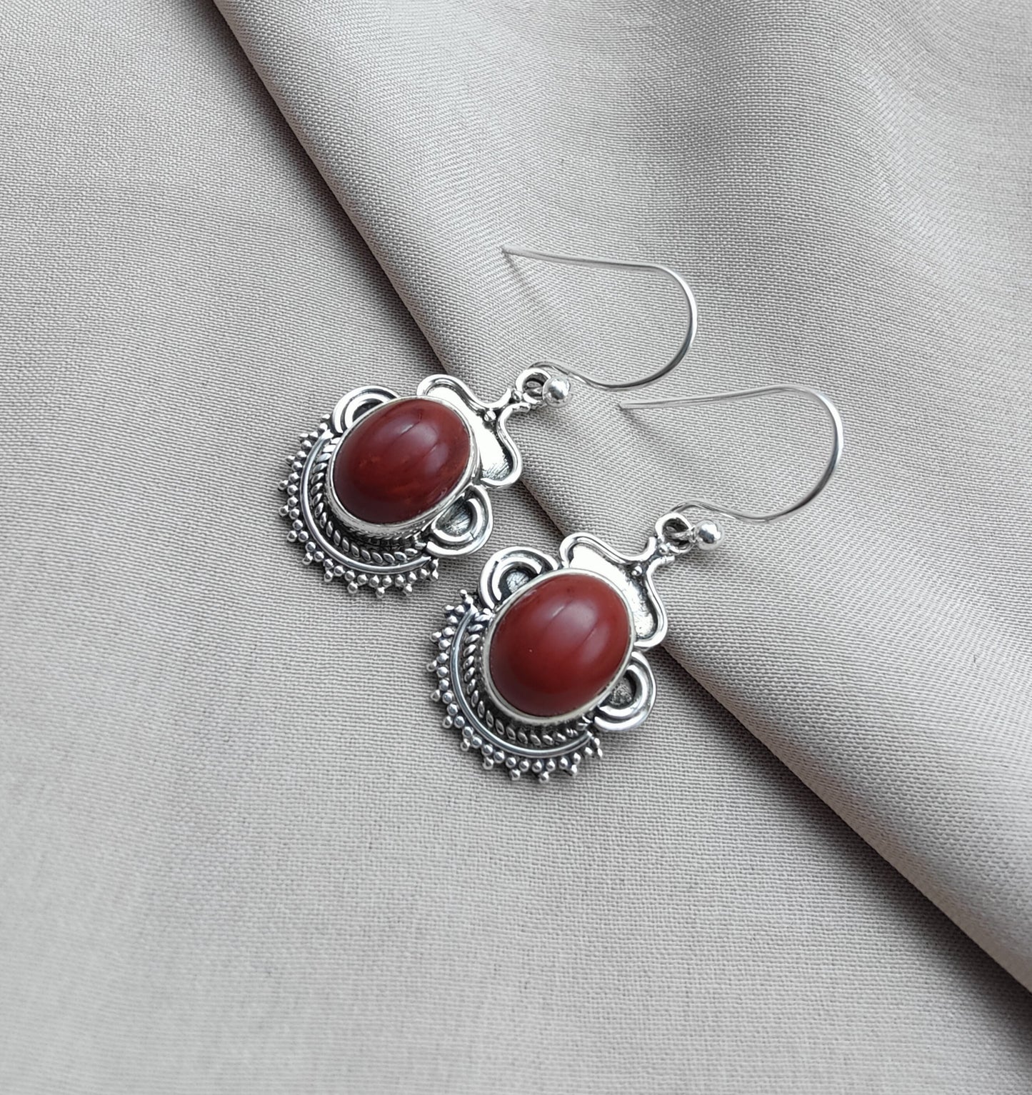 925 SOLID STERLING SILVER NATURAL RED JASPER GEMSTONE DANGLING EARRINGS GIFT FOR HER