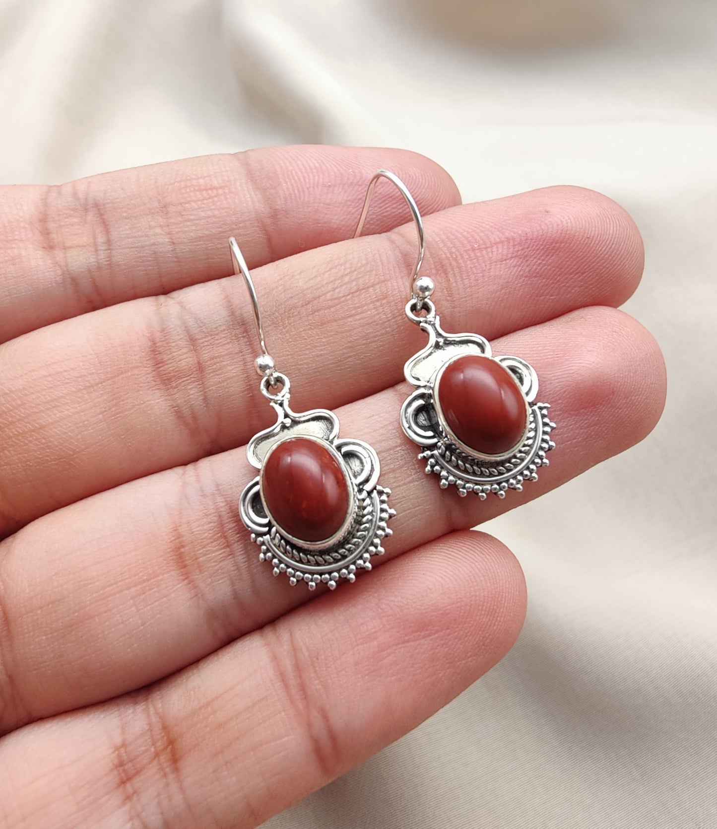 925 SOLID STERLING SILVER NATURAL RED JASPER GEMSTONE DANGLING EARRINGS GIFT FOR HER