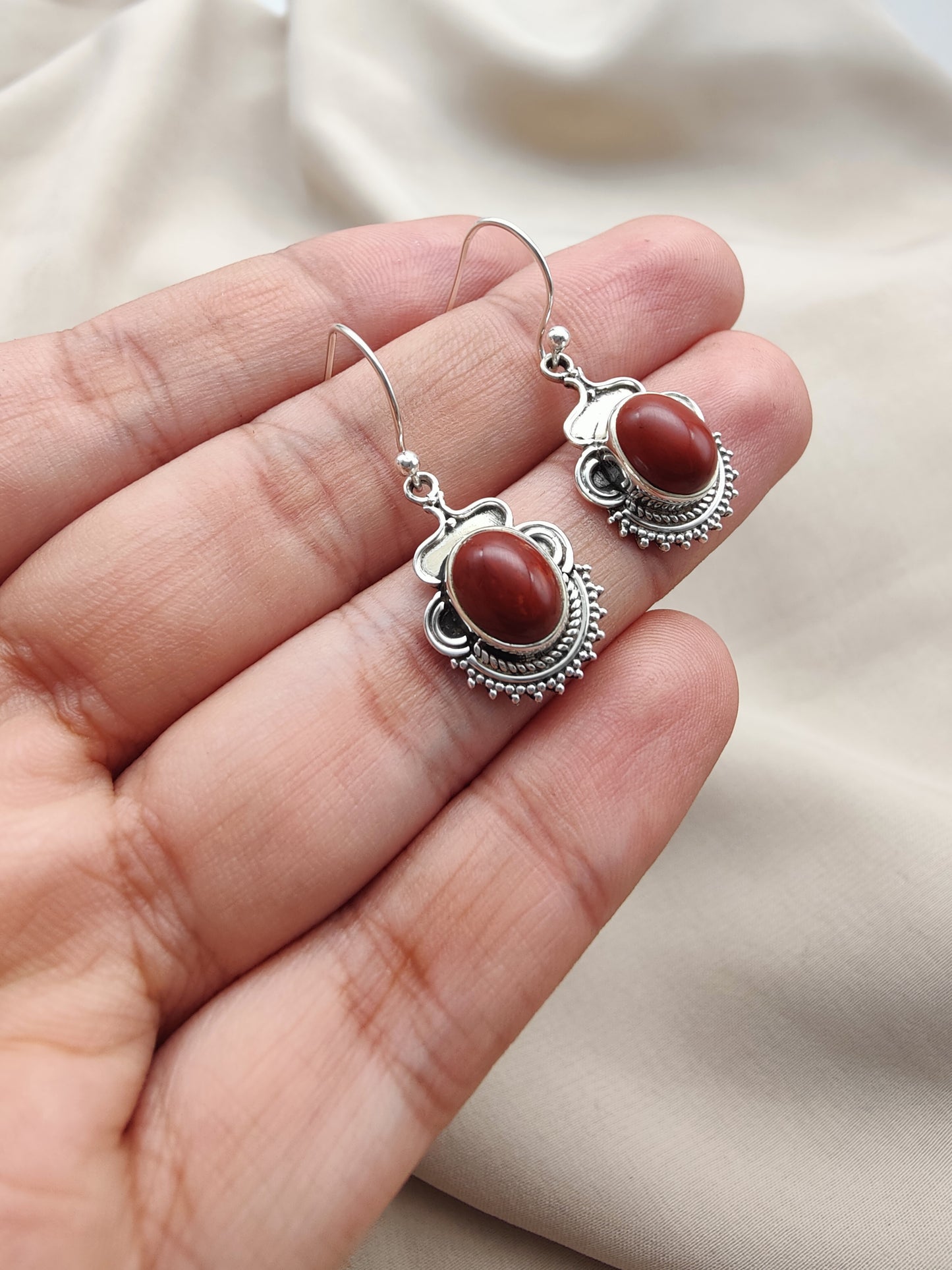 925 SOLID STERLING SILVER NATURAL RED JASPER GEMSTONE DANGLING EARRINGS GIFT FOR HER
