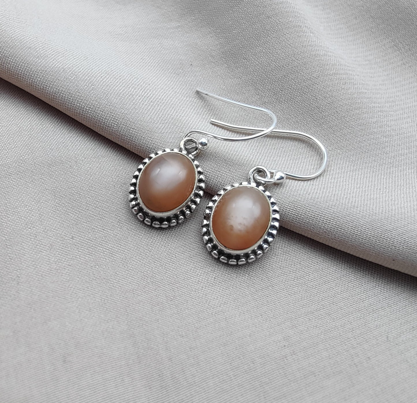 925 SOLID STERLING SILVER NATURAL PEACH MOONSTONE GEMSTONE DANGLING EARRINGS GIFT FOR HER