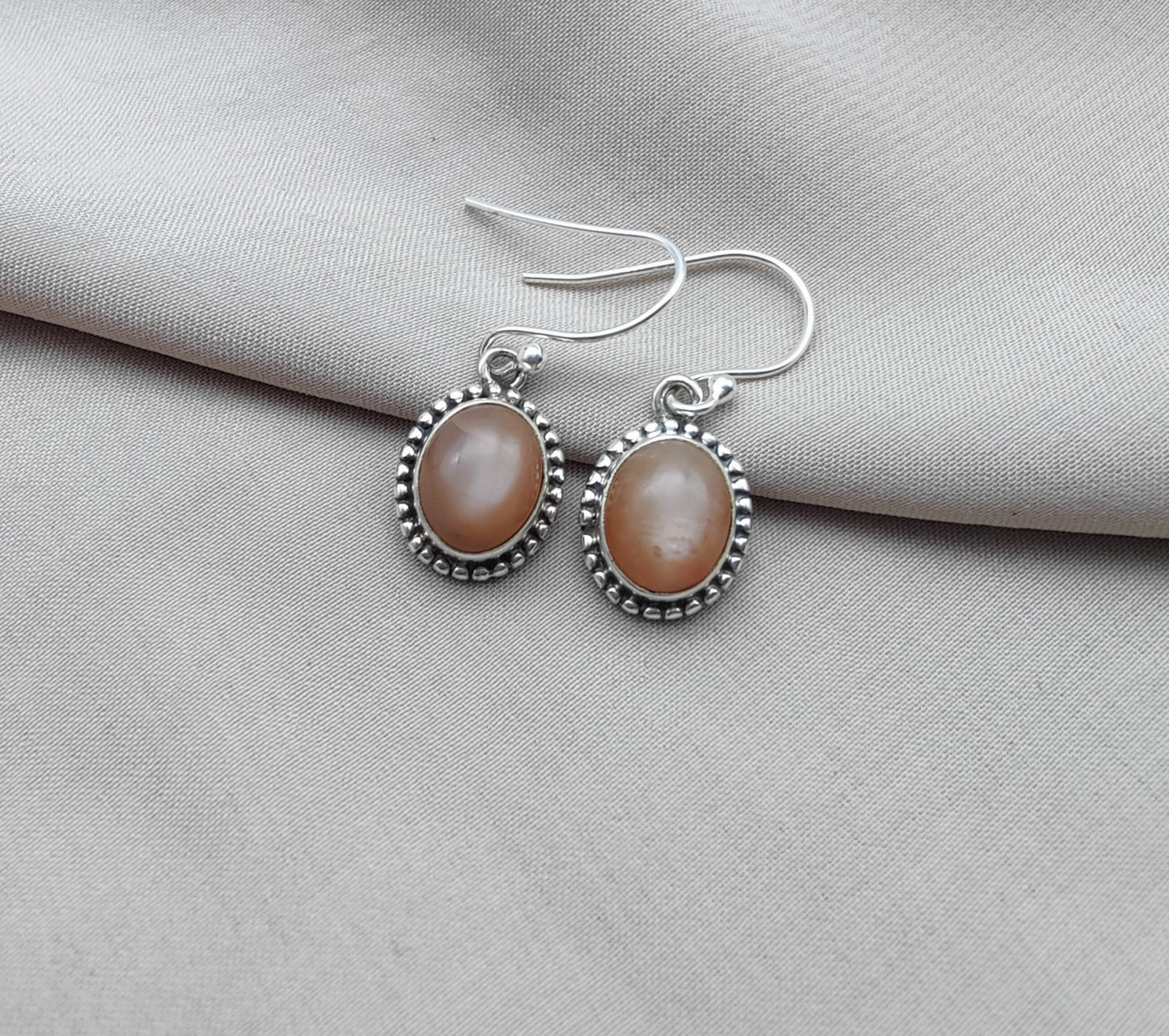925 SOLID STERLING SILVER NATURAL PEACH MOONSTONE GEMSTONE DANGLING EARRINGS GIFT FOR HER