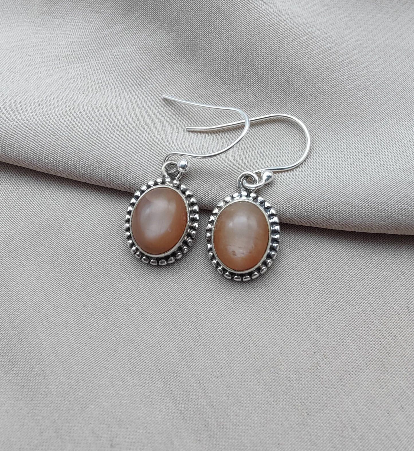 925 SOLID STERLING SILVER NATURAL PEACH MOONSTONE GEMSTONE DANGLING EARRINGS GIFT FOR HER