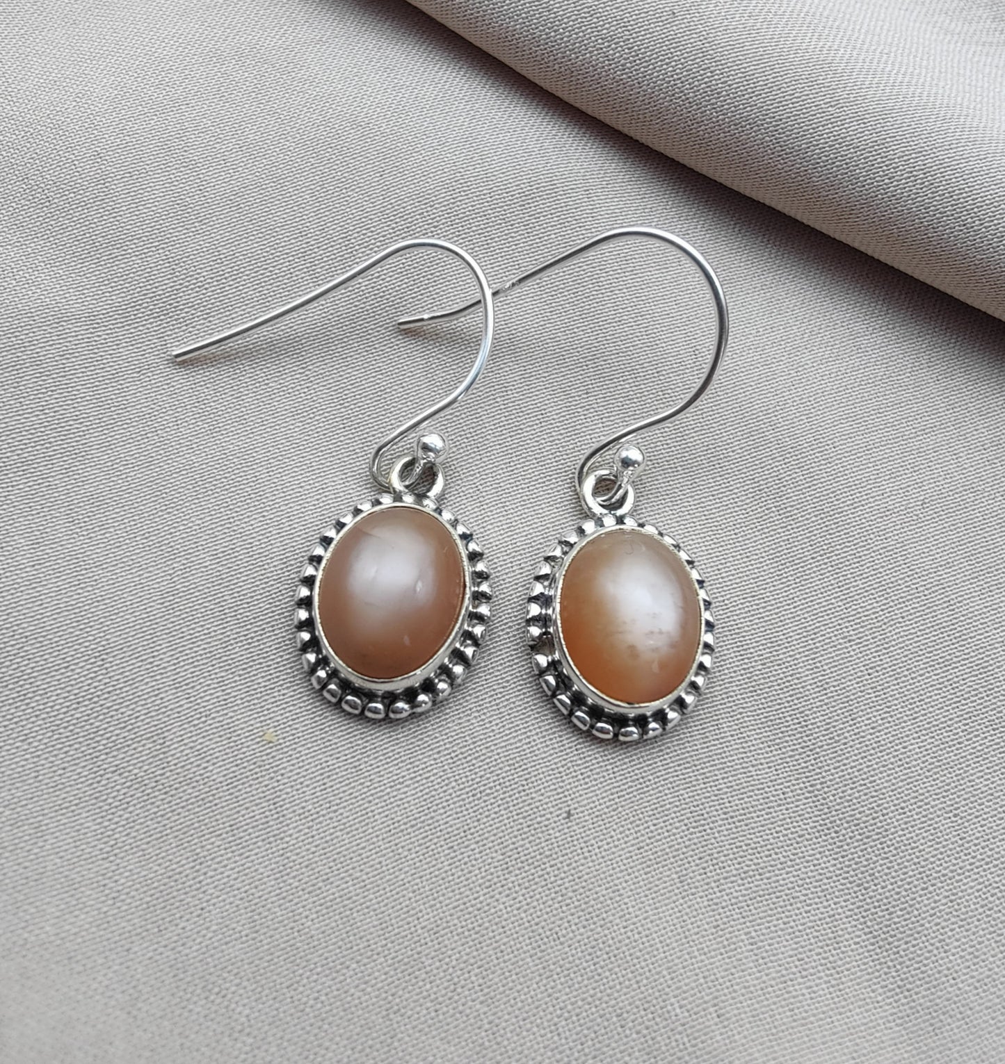 925 SOLID STERLING SILVER NATURAL PEACH MOONSTONE GEMSTONE DANGLING EARRINGS GIFT FOR HER