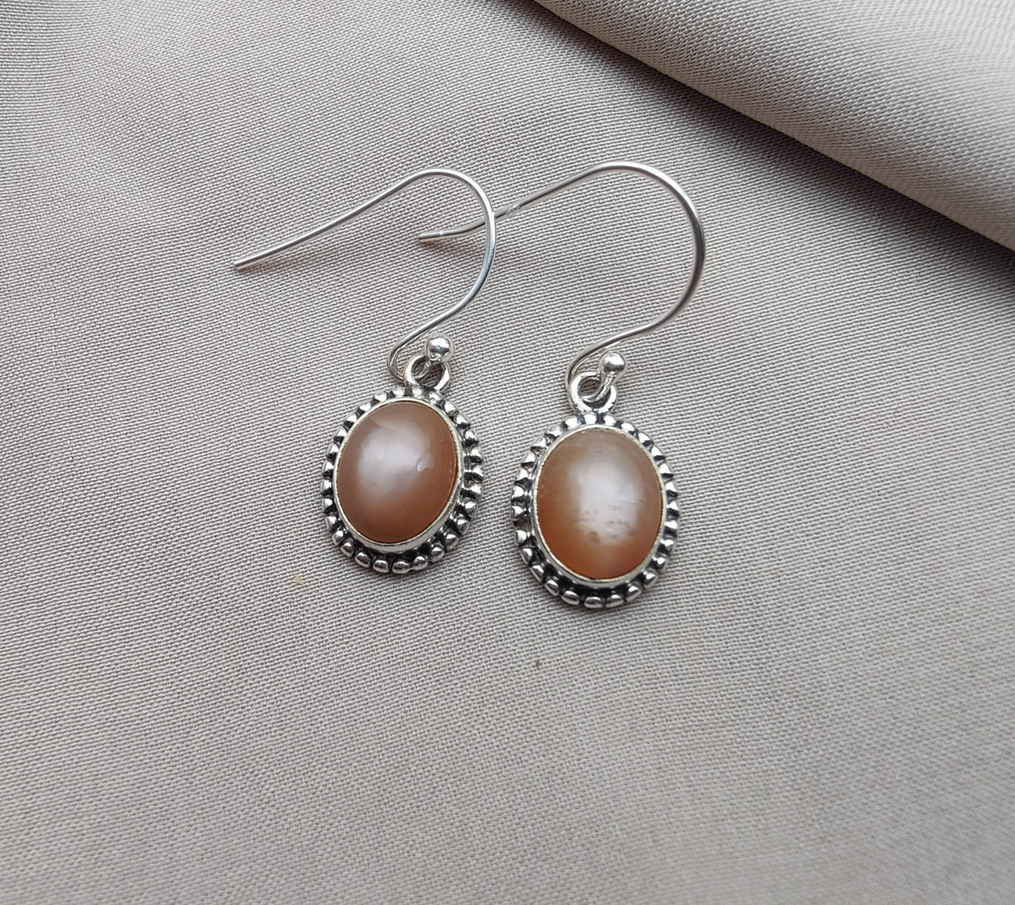 925 SOLID STERLING SILVER NATURAL PEACH MOONSTONE GEMSTONE DANGLING EARRINGS GIFT FOR HER