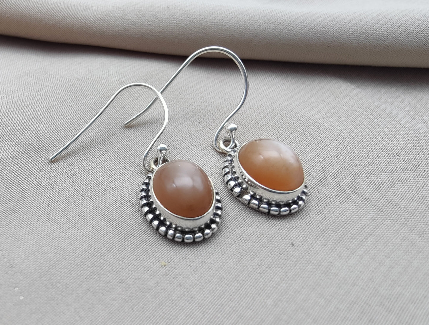 925 SOLID STERLING SILVER NATURAL PEACH MOONSTONE GEMSTONE DANGLING EARRINGS GIFT FOR HER