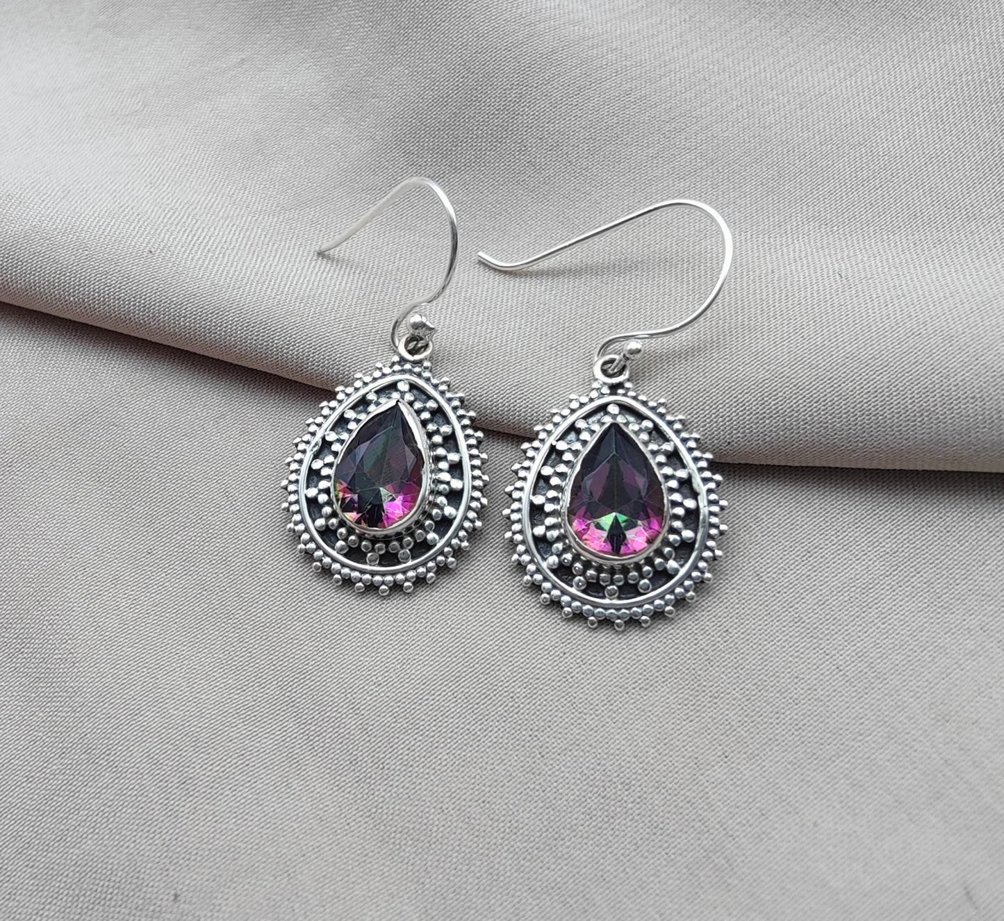 925 SOLID STERLING SILVER NATURAL MYSTIC QUARTZ GEMSTONE DANGLING EARRINGS GIFT FOR HER