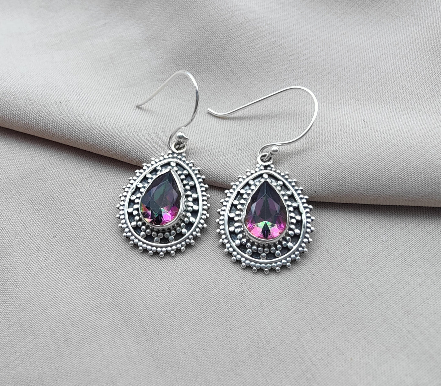 925 SOLID STERLING SILVER NATURAL MYSTIC QUARTZ GEMSTONE DANGLING EARRINGS GIFT FOR HER