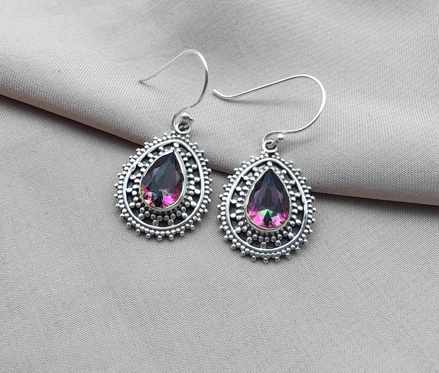 925 SOLID STERLING SILVER NATURAL MYSTIC QUARTZ GEMSTONE DANGLING EARRINGS GIFT FOR HER