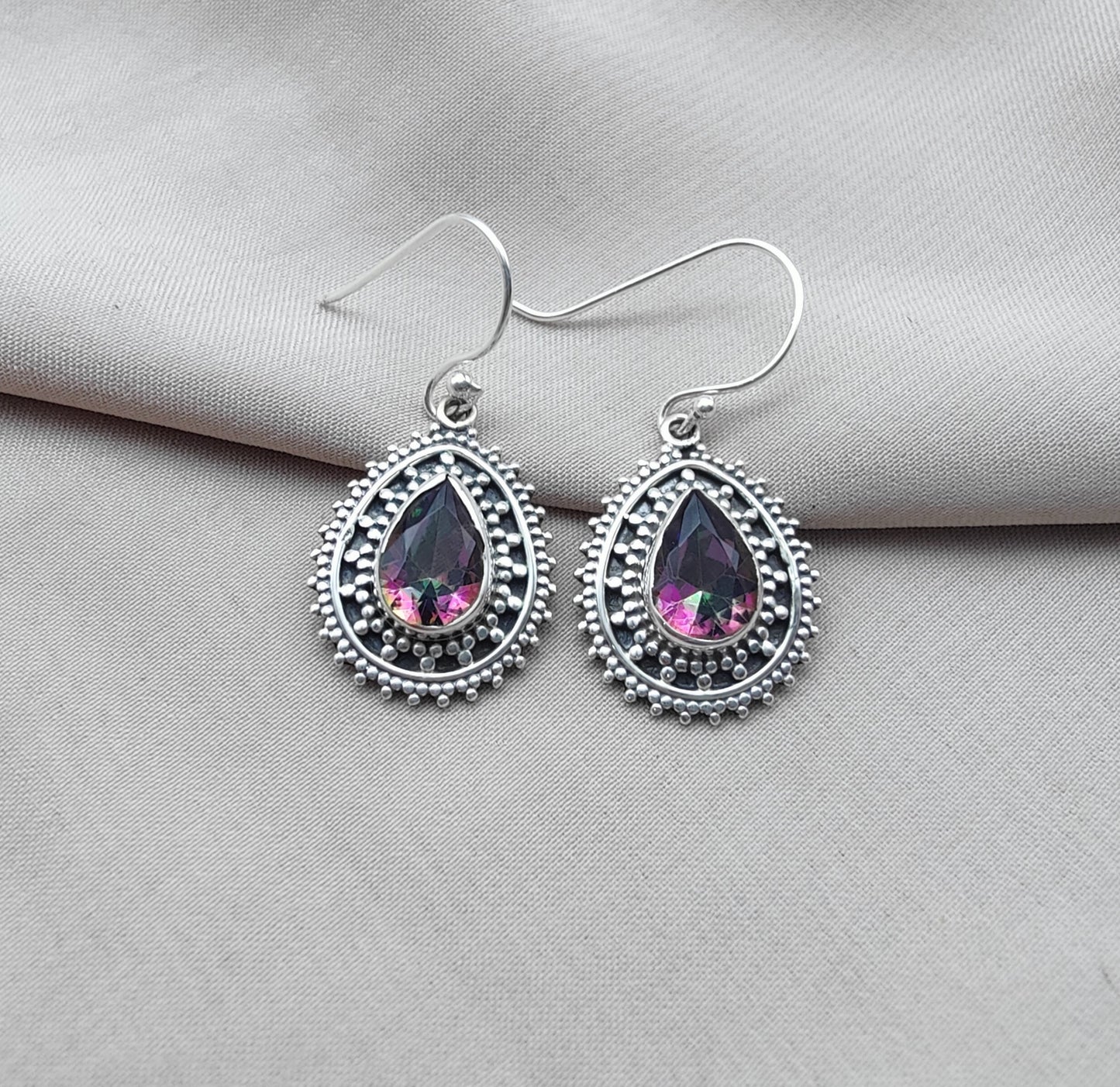 925 SOLID STERLING SILVER NATURAL MYSTIC QUARTZ GEMSTONE DANGLING EARRINGS GIFT FOR HER