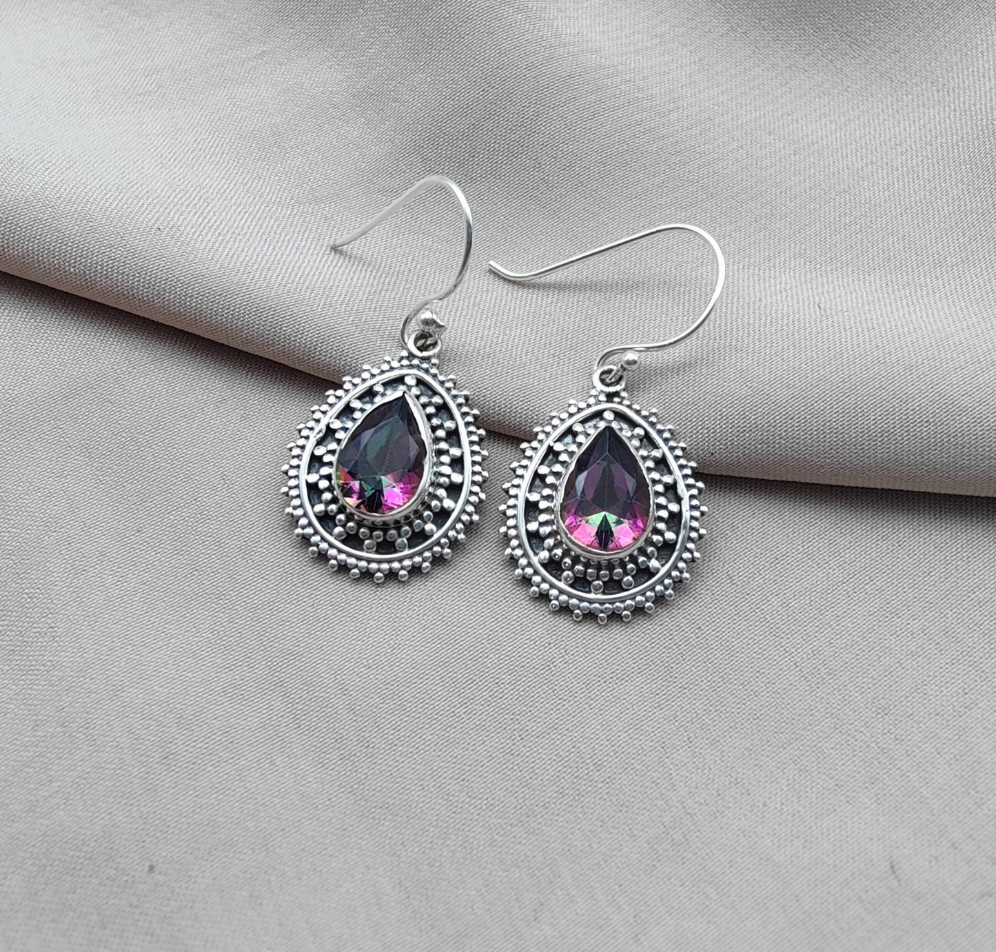 925 SOLID STERLING SILVER NATURAL MYSTIC QUARTZ GEMSTONE DANGLING EARRINGS GIFT FOR HER