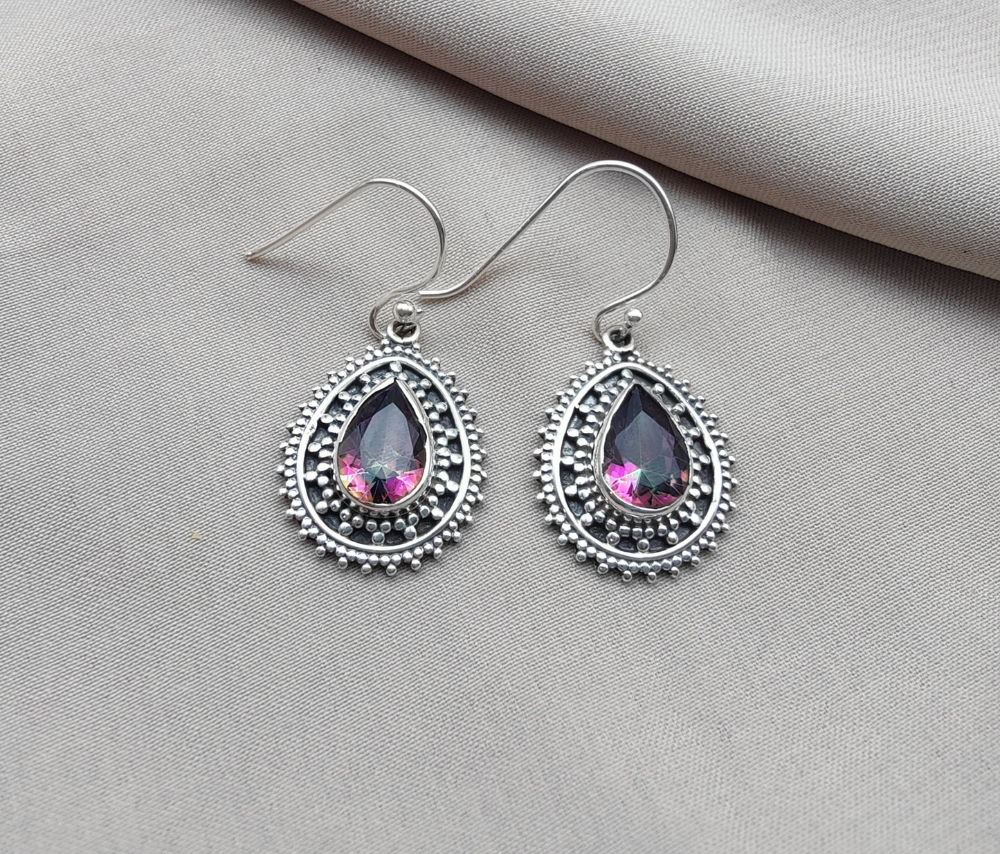 925 SOLID STERLING SILVER NATURAL MYSTIC QUARTZ GEMSTONE DANGLING EARRINGS GIFT FOR HER