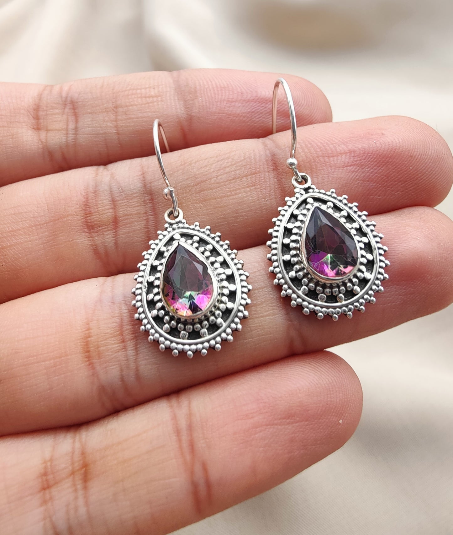 925 SOLID STERLING SILVER NATURAL MYSTIC QUARTZ GEMSTONE DANGLING EARRINGS GIFT FOR HER