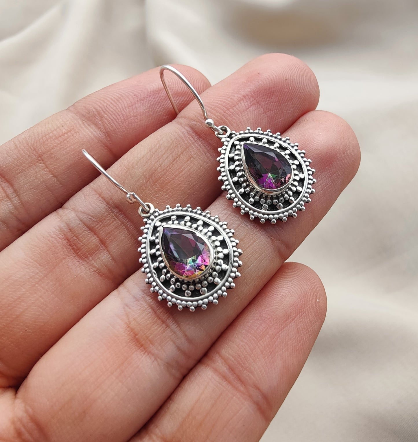 925 SOLID STERLING SILVER NATURAL MYSTIC QUARTZ GEMSTONE DANGLING EARRINGS GIFT FOR HER
