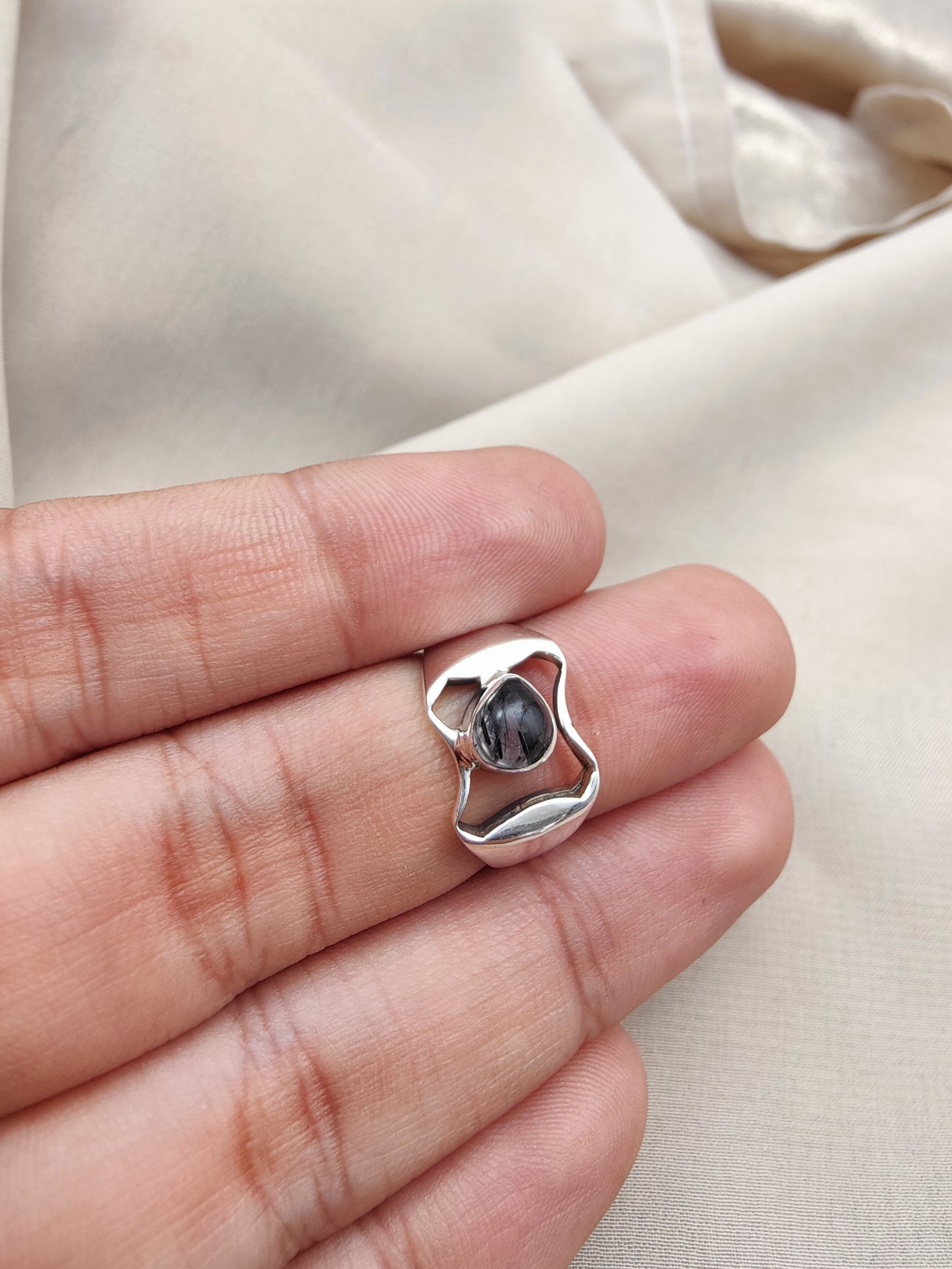 925 SOLID STERLING SILVER NATURAL BLACK RUTILE GEMSTONE HANDMADE RING, ALL SIZES AVAILABLE