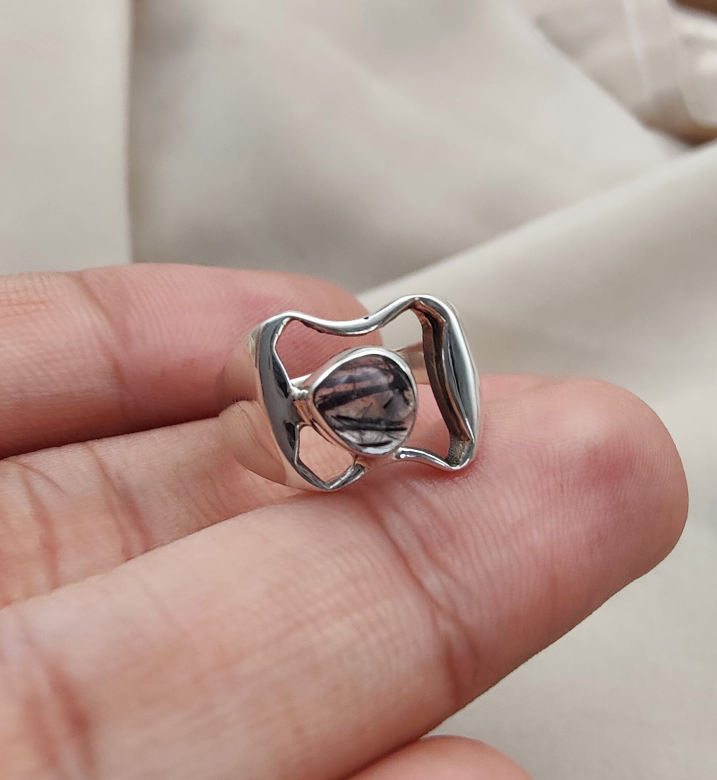 925 SOLID STERLING SILVER NATURAL BLACK RUTILE GEMSTONE HANDMADE RING, ALL SIZES AVAILABLE