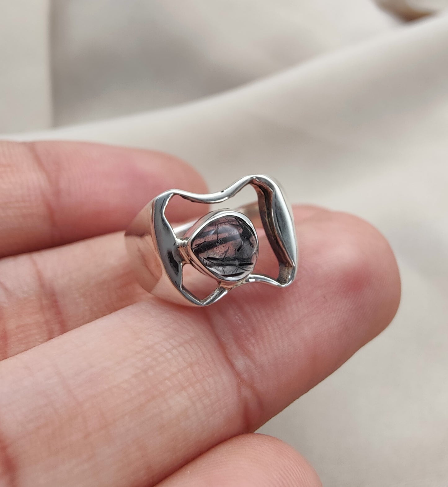 925 SOLID STERLING SILVER NATURAL BLACK RUTILE GEMSTONE HANDMADE RING, ALL SIZES AVAILABLE