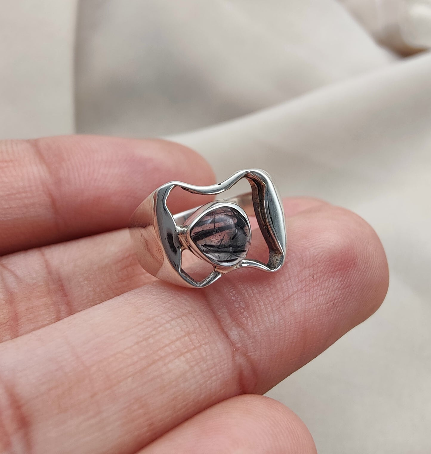 925 SOLID STERLING SILVER NATURAL BLACK RUTILE GEMSTONE HANDMADE RING, ALL SIZES AVAILABLE