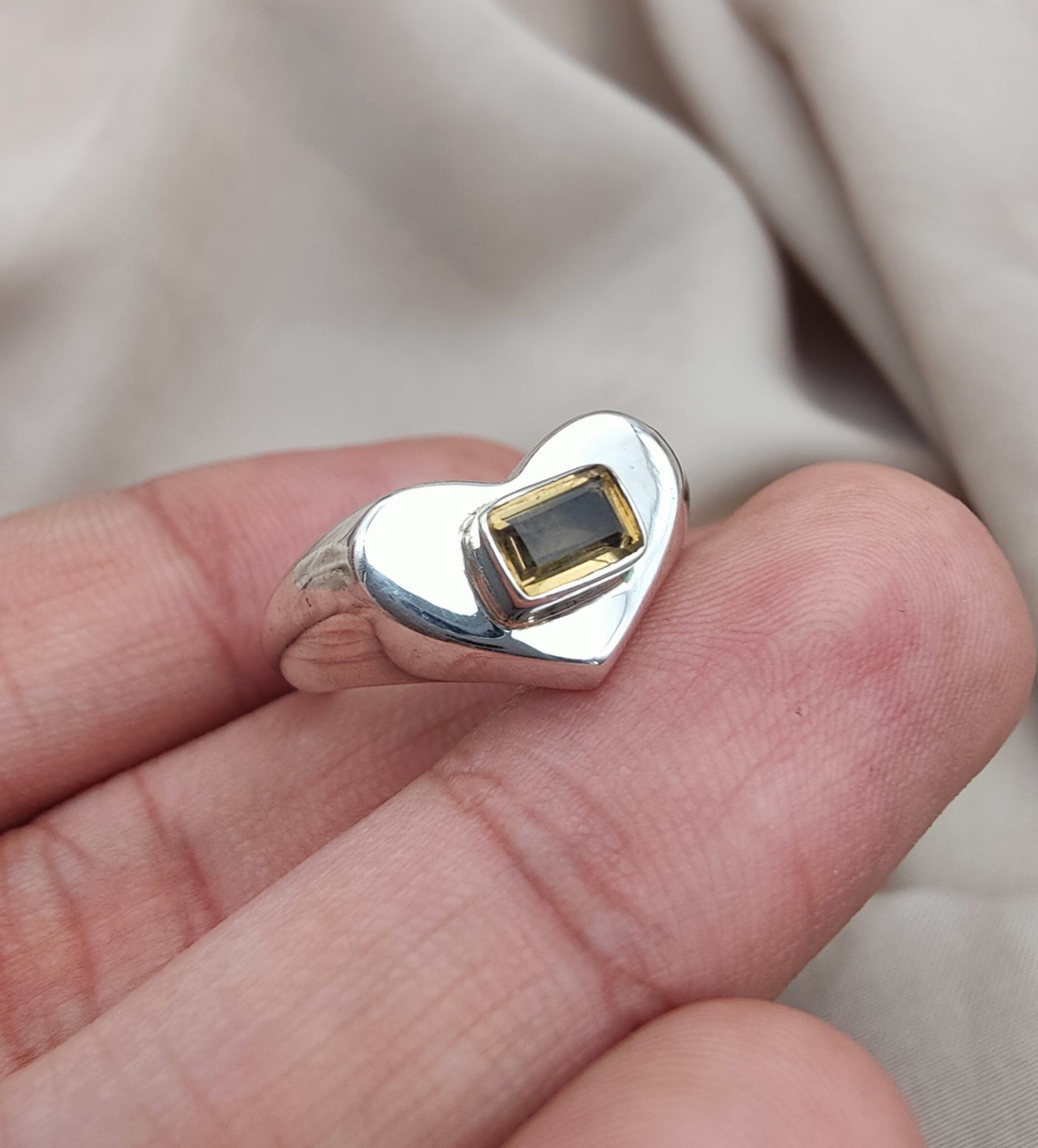 925 SOLID STERLING SILVER NATURAL SMOKY QUARTZ GEMSTONE HANDMADE RING HEART DESIGN , ALL SIZES AVAILABLE