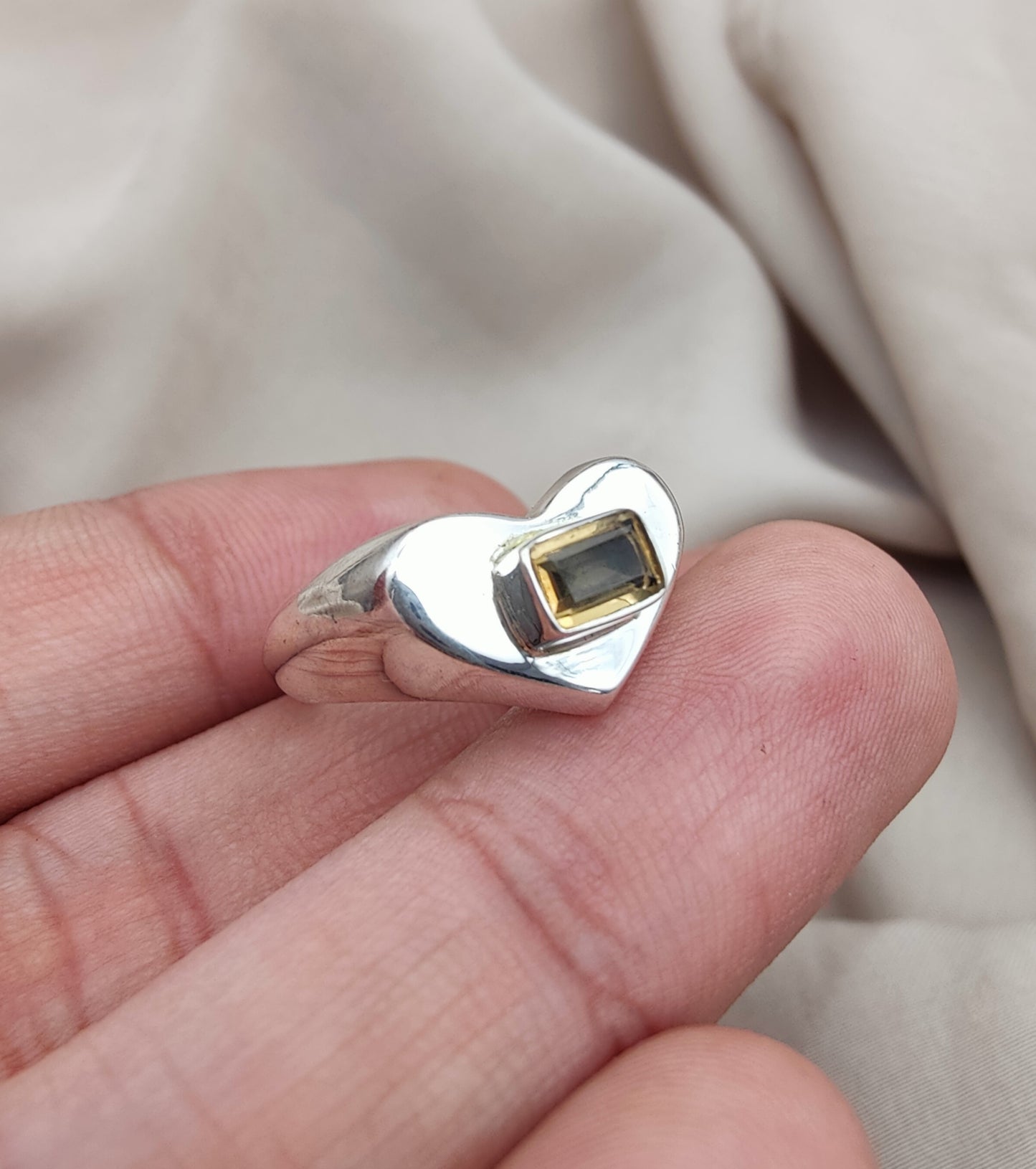 925 SOLID STERLING SILVER NATURAL SMOKY QUARTZ GEMSTONE HANDMADE RING HEART DESIGN , ALL SIZES AVAILABLE