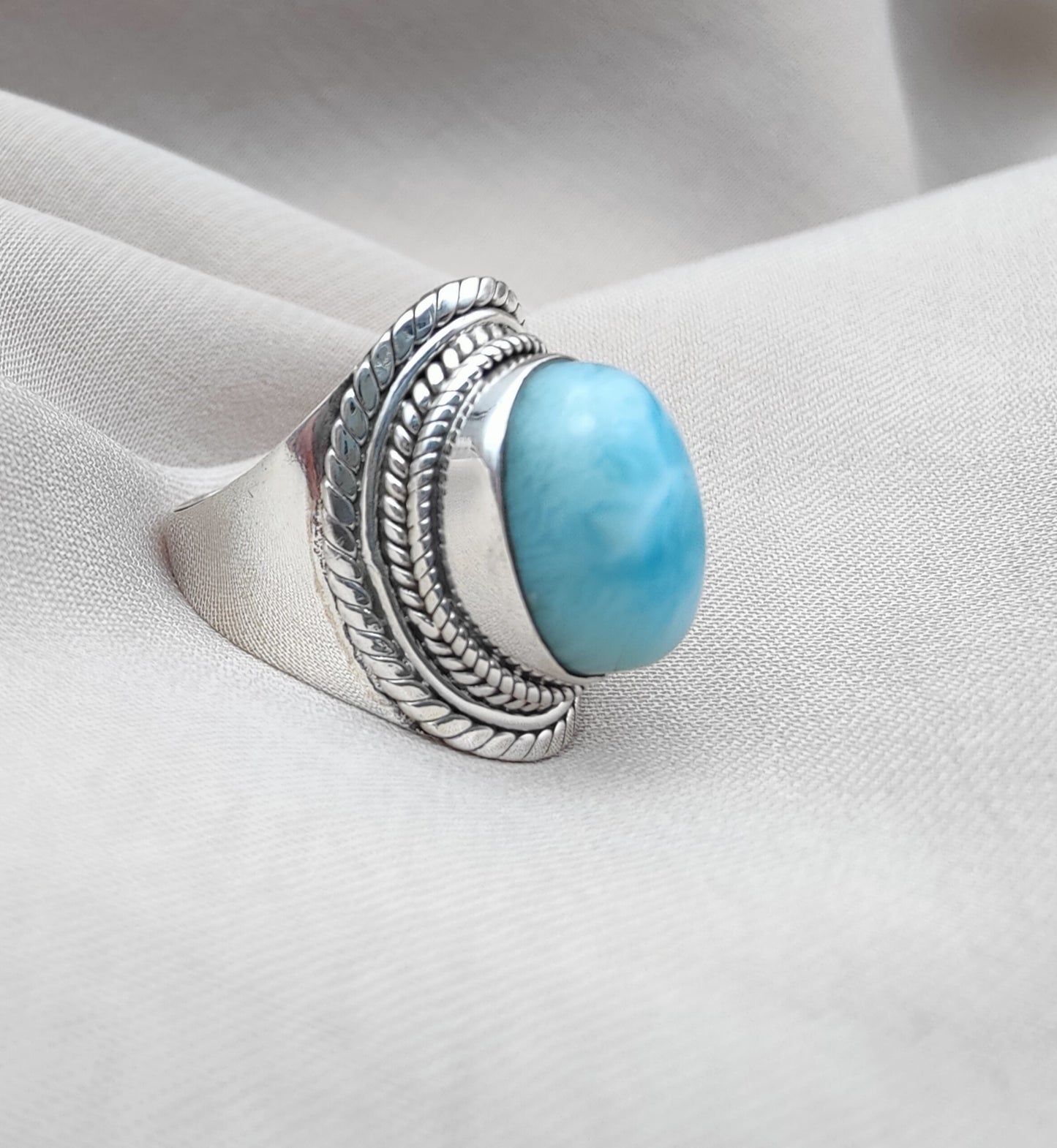 925 SOLID STERLING SILVER NATURAL LARIMAR GEMSTONE HANDMADE RING , ALL SIZES AVAILABLE