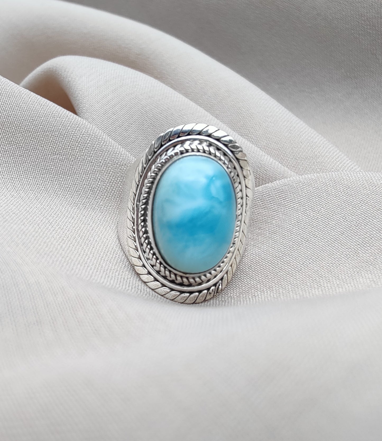 925 SOLID STERLING SILVER NATURAL LARIMAR GEMSTONE HANDMADE RING , ALL SIZES AVAILABLE