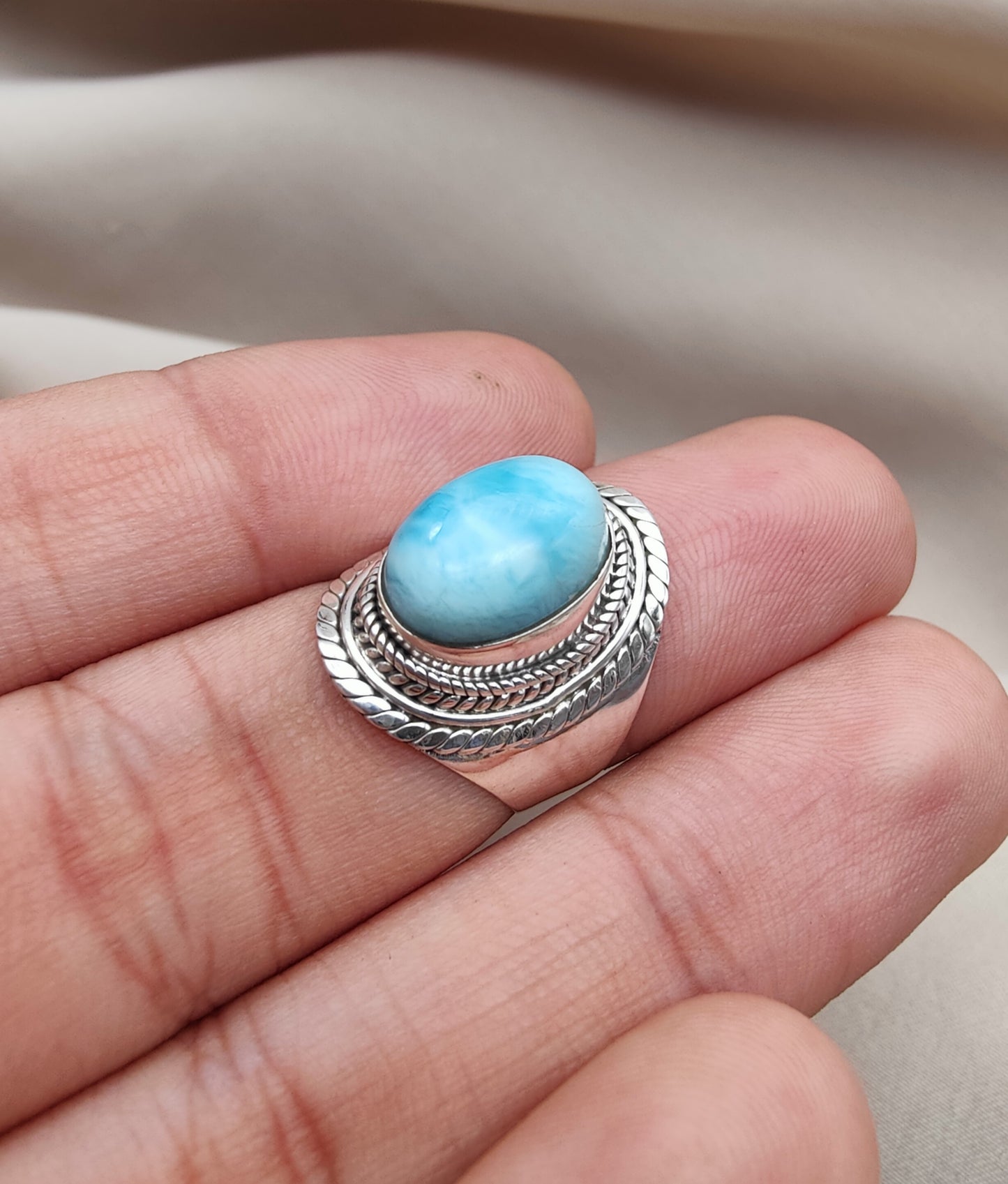 925 SOLID STERLING SILVER NATURAL LARIMAR GEMSTONE HANDMADE RING , ALL SIZES AVAILABLE
