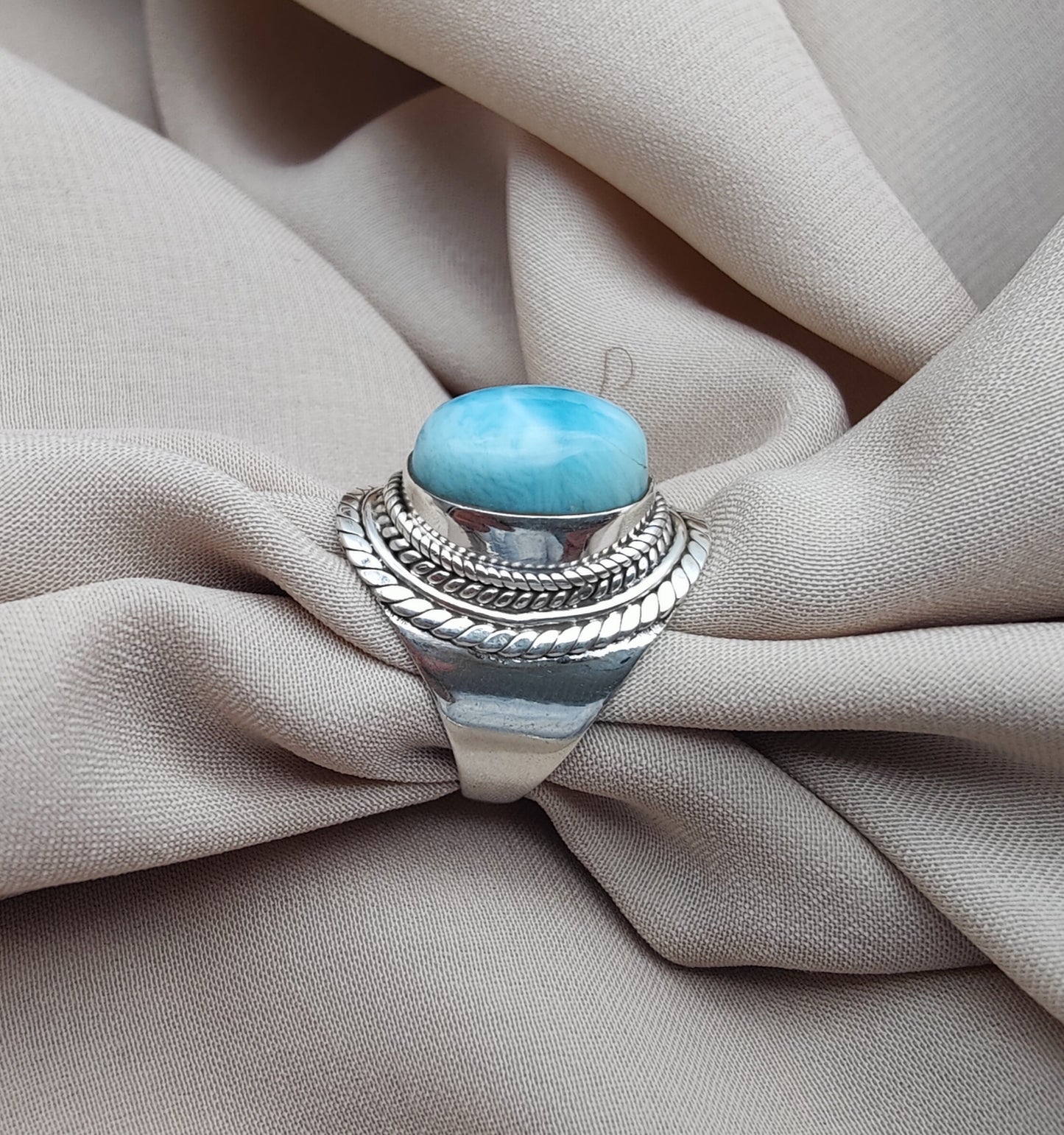 925 SOLID STERLING SILVER NATURAL LARIMAR GEMSTONE HANDMADE RING , ALL SIZES AVAILABLE
