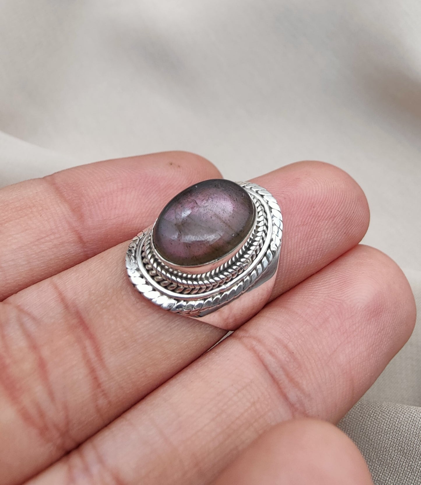 925 SOLID STERLING SILVER NATURAL PURPLE LABRADORITE GEMSTONE HANDMADE RING, ALL SIZES AVAILABLE