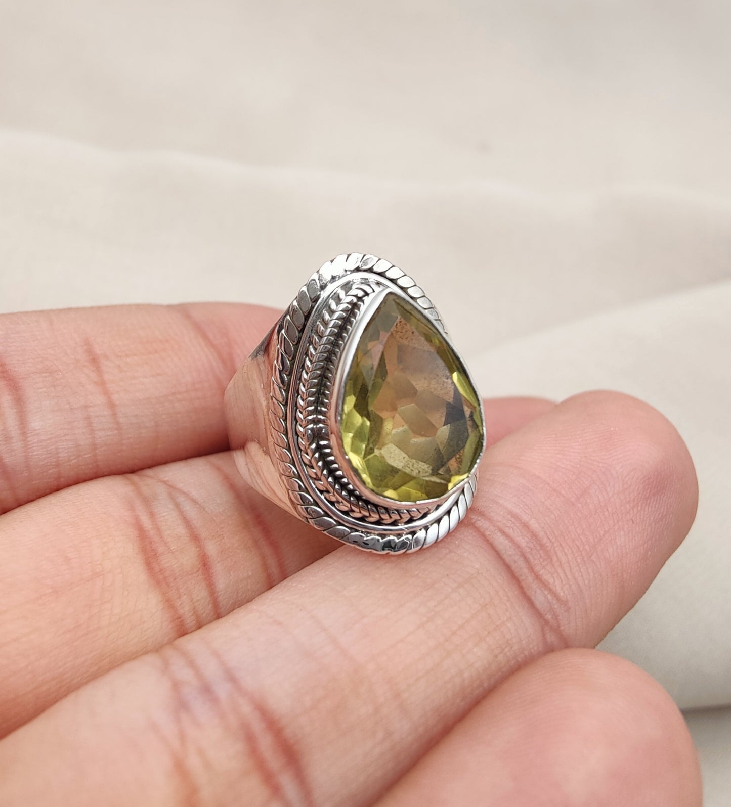 925 SOLID STERLING SILVER NATURAL LEMON QUARTZ GEMSTONE HANDMADE RING, ALL SIZES AVAILABLE
