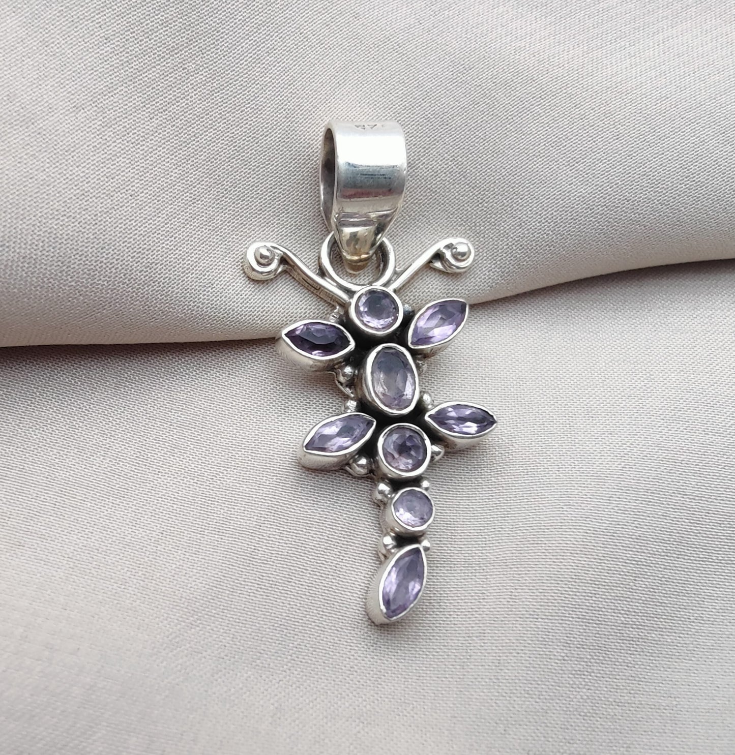 925 SOLID STERLING SILVER NATURAL AMETHYST GEMSTONE BUTTERFLY DESIGN HANDMADE PENDANT