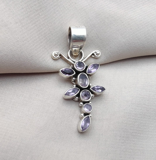 925 SOLID STERLING SILVER NATURAL AMETHYST GEMSTONE BUTTERFLY DESIGN HANDMADE PENDANT