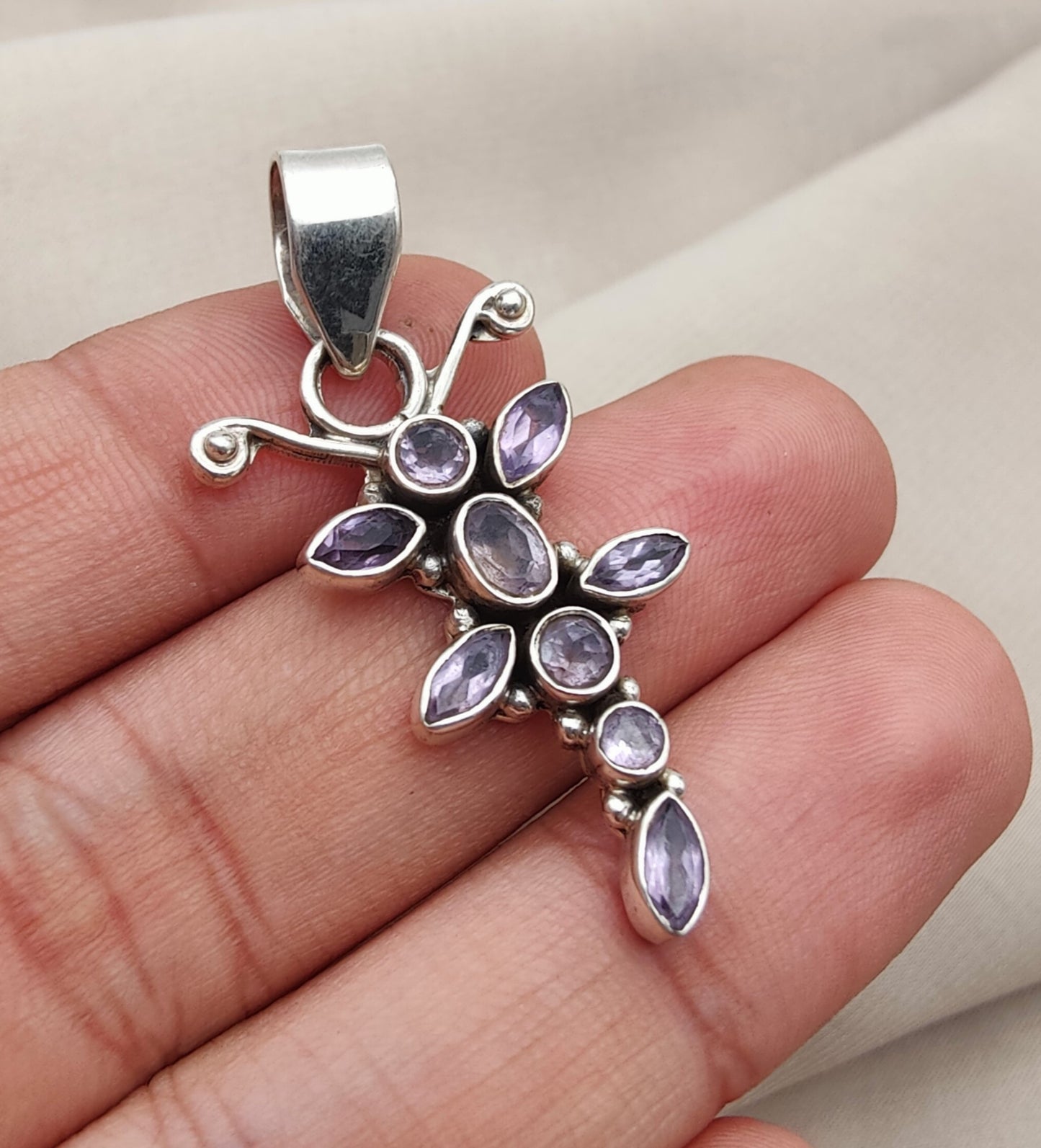 925 SOLID STERLING SILVER NATURAL AMETHYST GEMSTONE BUTTERFLY DESIGN HANDMADE PENDANT