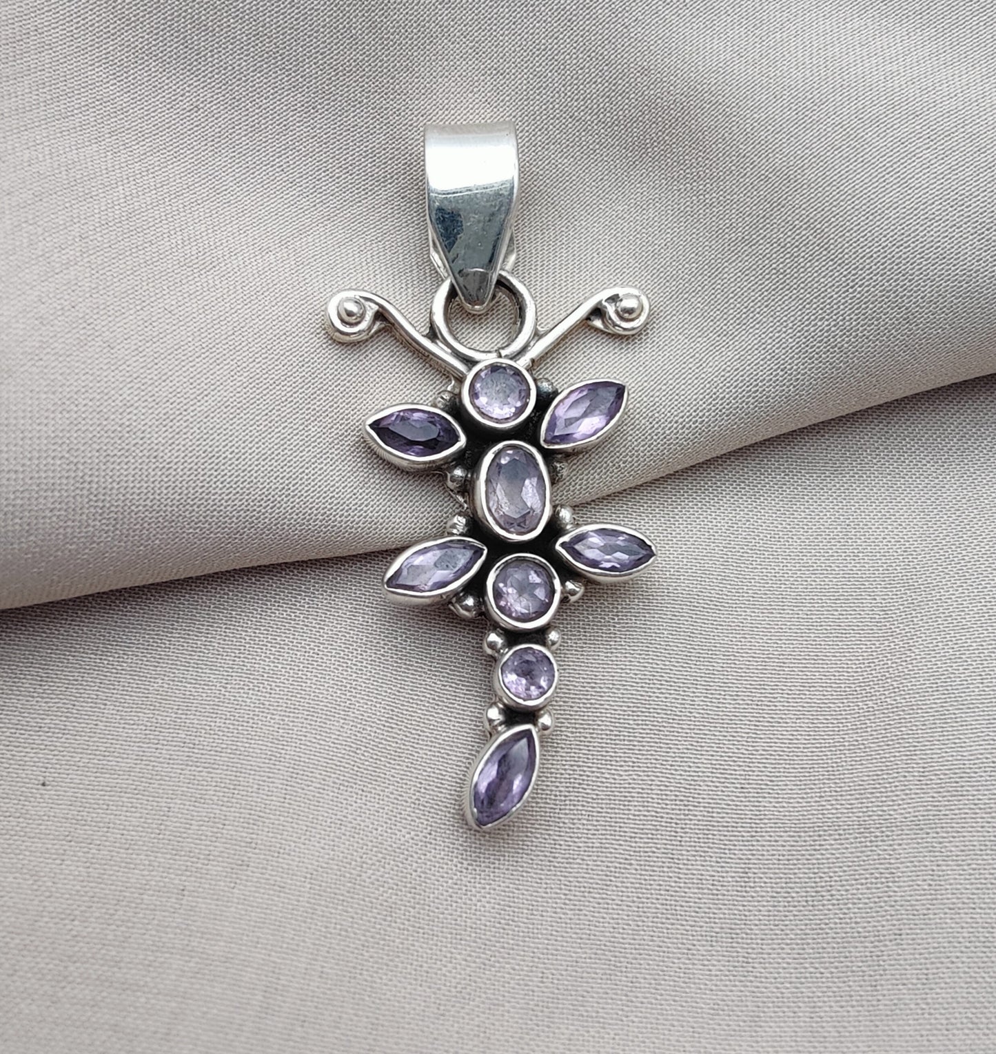 925 SOLID STERLING SILVER NATURAL AMETHYST GEMSTONE BUTTERFLY DESIGN HANDMADE PENDANT