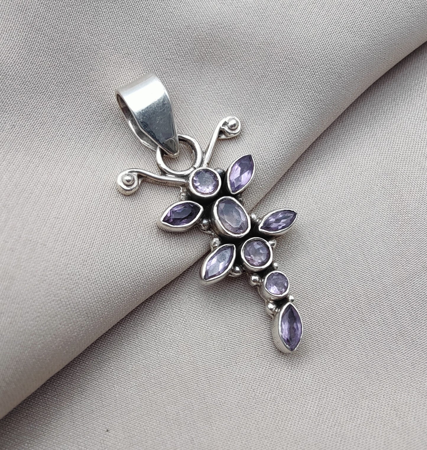 925 SOLID STERLING SILVER NATURAL AMETHYST GEMSTONE BUTTERFLY DESIGN HANDMADE PENDANT