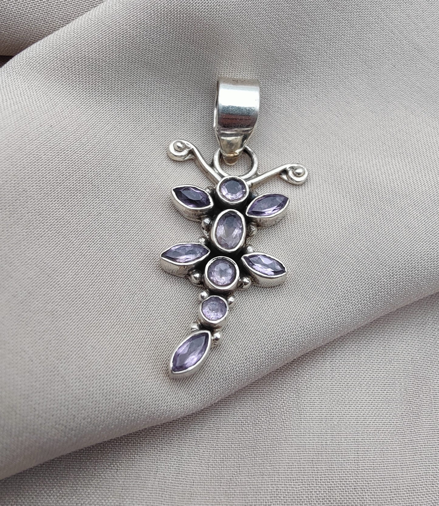 925 SOLID STERLING SILVER NATURAL AMETHYST GEMSTONE BUTTERFLY DESIGN HANDMADE PENDANT