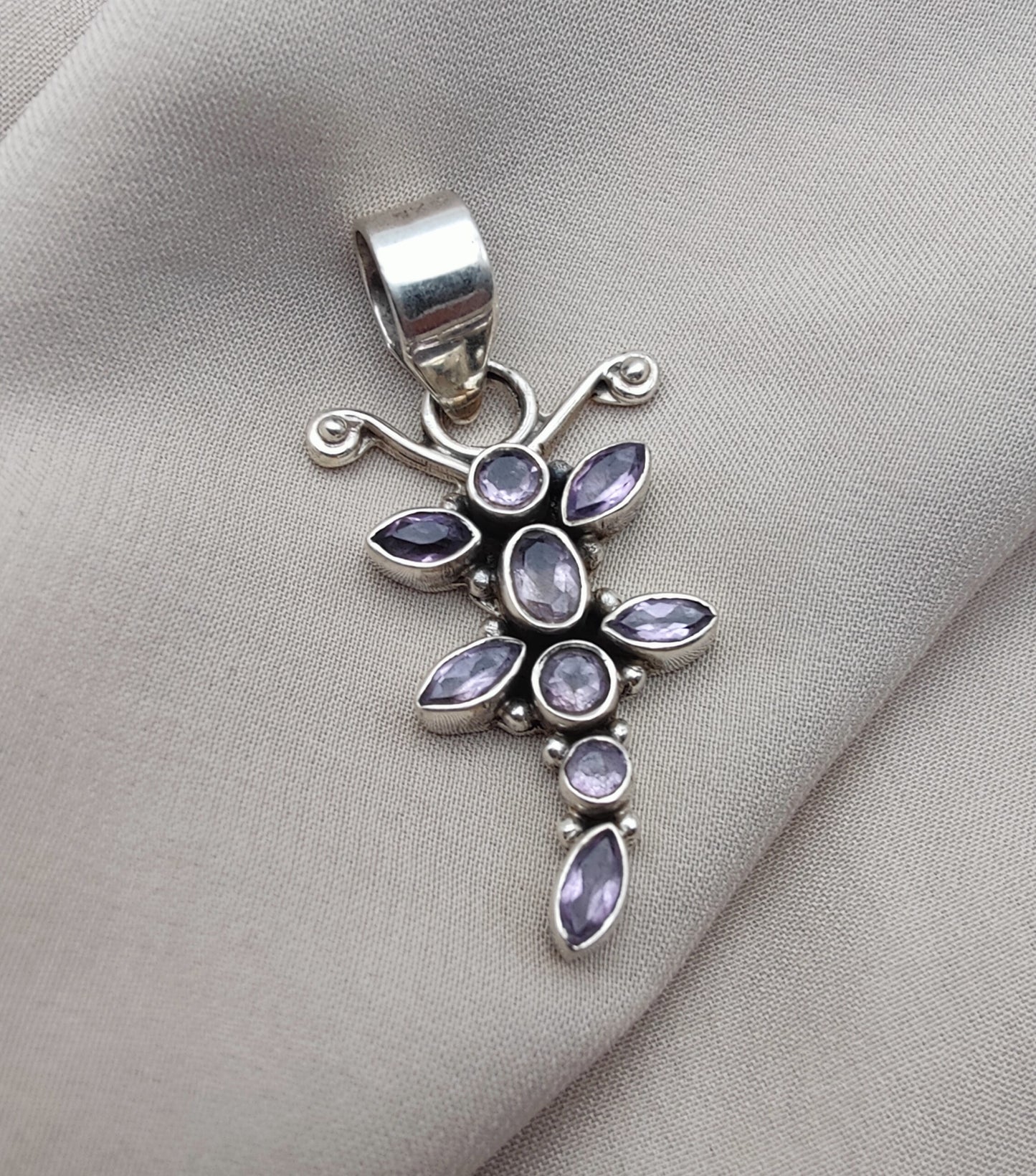 925 SOLID STERLING SILVER NATURAL AMETHYST GEMSTONE BUTTERFLY DESIGN HANDMADE PENDANT