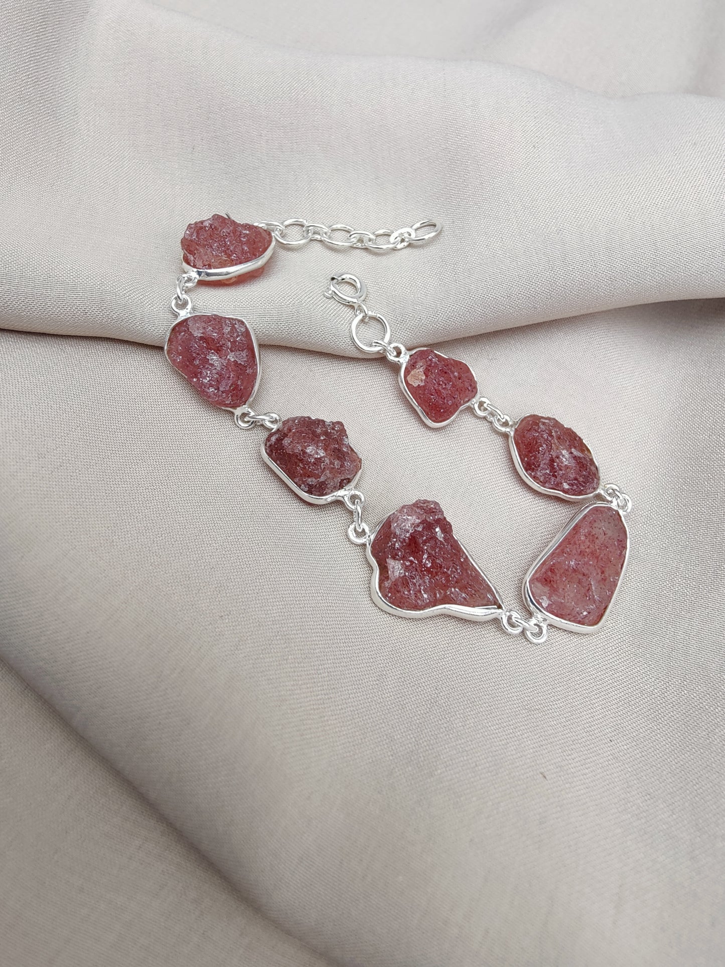 925 SOLID STERLING SILVER NATURAL RAW STRAWBERRY QUARTZ HANDMADE BRACELET