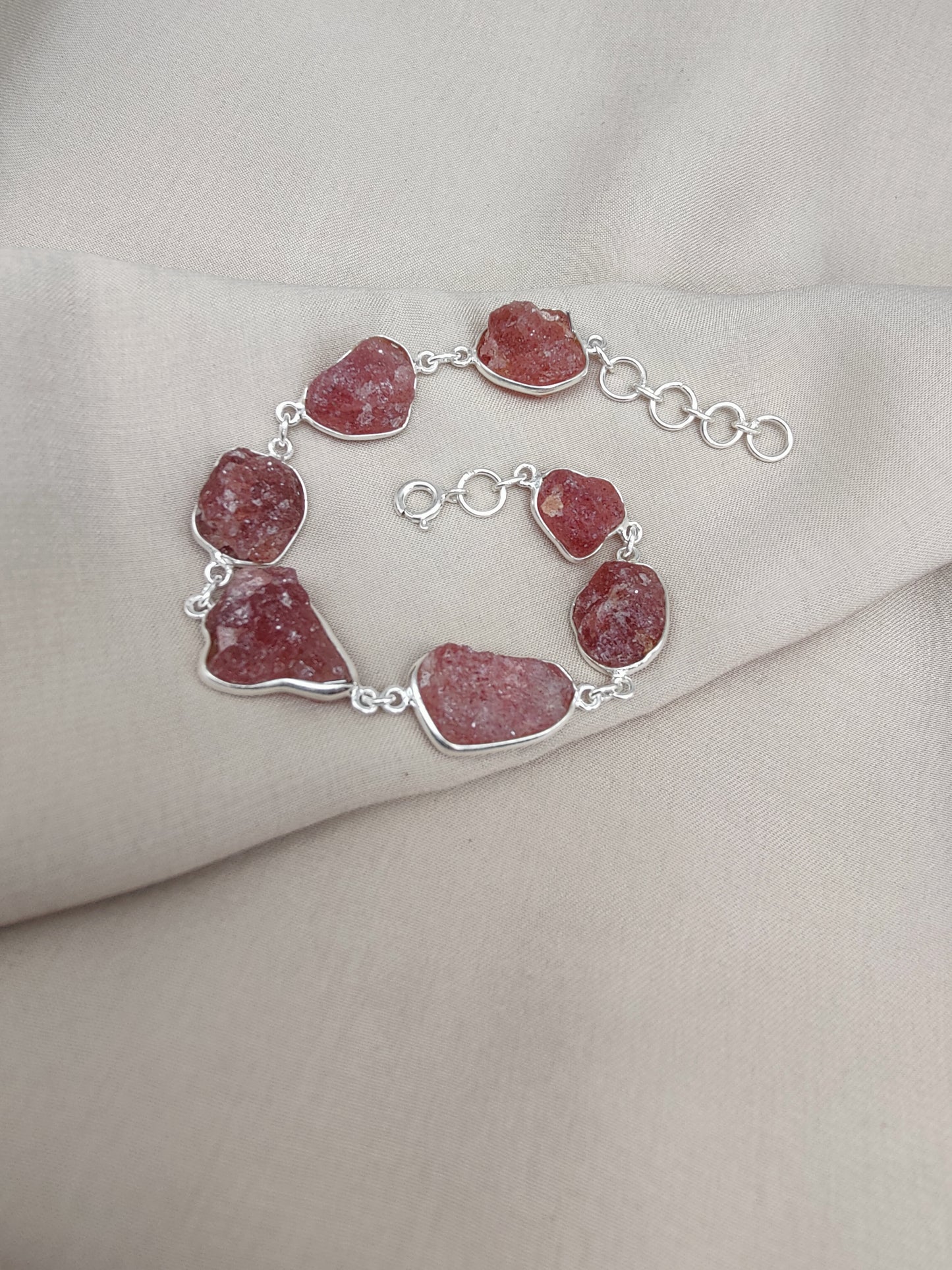925 SOLID STERLING SILVER NATURAL RAW STRAWBERRY QUARTZ HANDMADE BRACELET