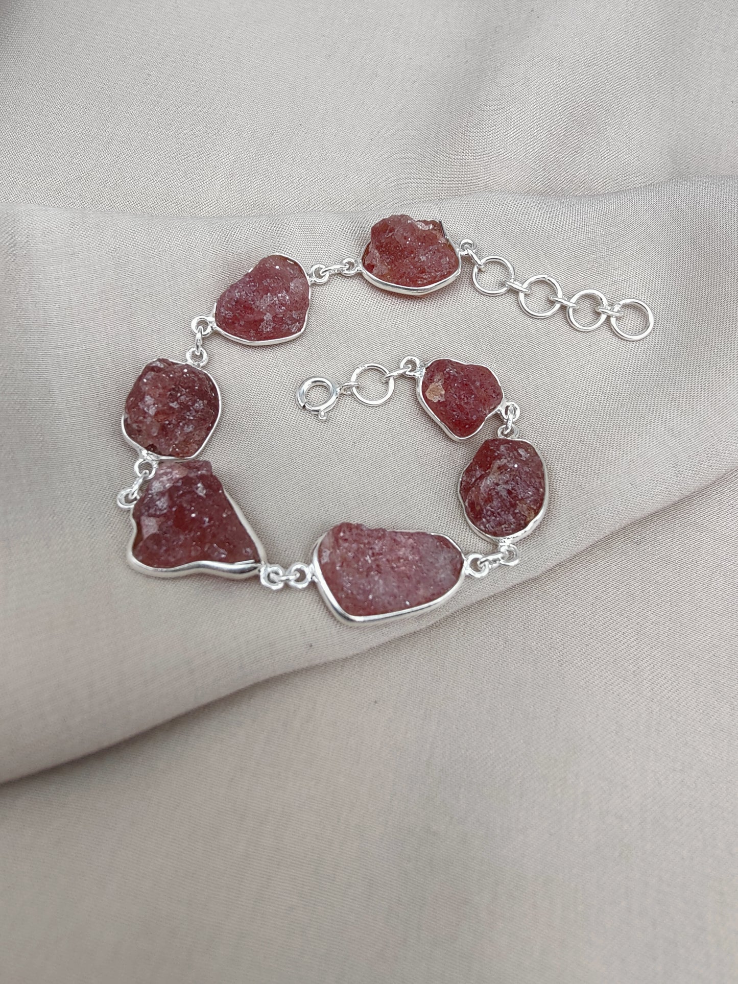 925 SOLID STERLING SILVER NATURAL RAW STRAWBERRY QUARTZ HANDMADE BRACELET