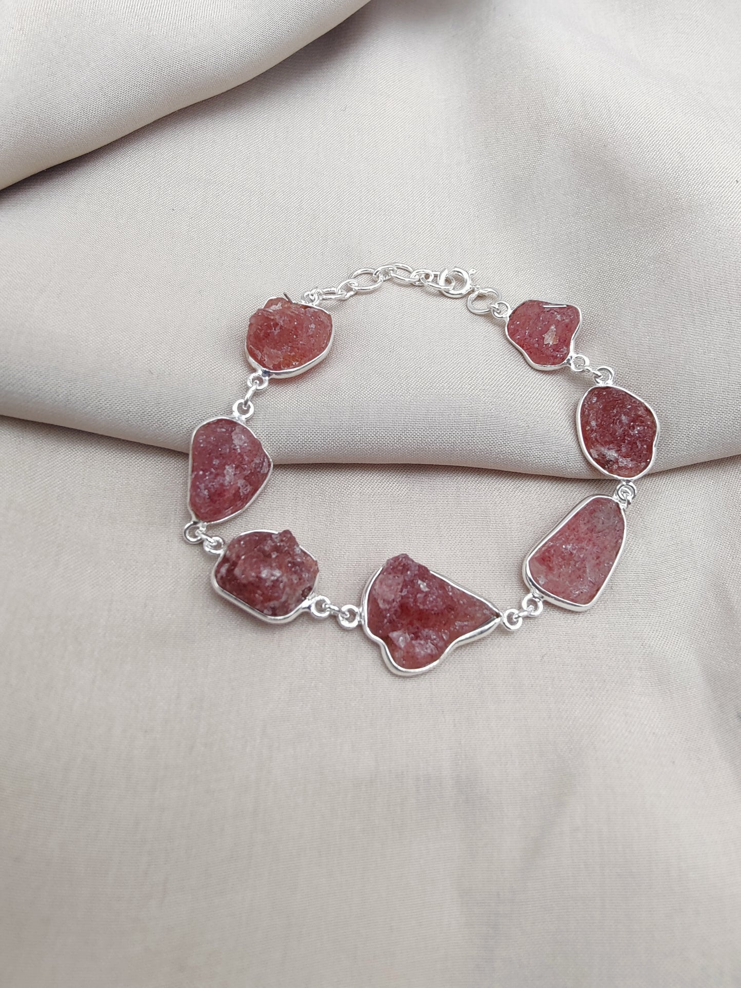 925 SOLID STERLING SILVER NATURAL RAW STRAWBERRY QUARTZ HANDMADE BRACELET