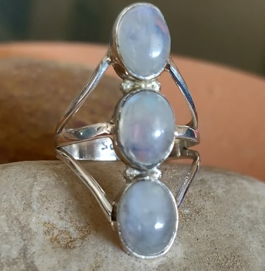 925 SOLID STERLING SILVER NATURAL RAINBOW MOONSTONE GEMSTONES HANDMADE RING, ALL SIZES AVAILABLE
